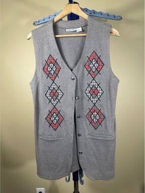 Paris Sport Club Women's Gray Cotton Vest with Plaid Diamond Embroidery, Size M